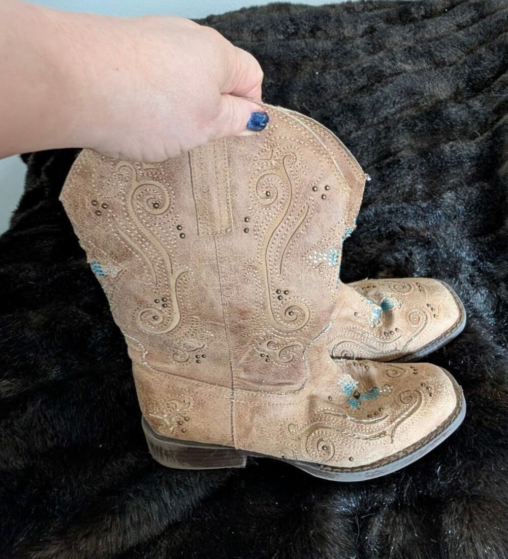 Roper Faith Rhinestone Square Toe Cowboy girls 3  Brown Casual Boots western